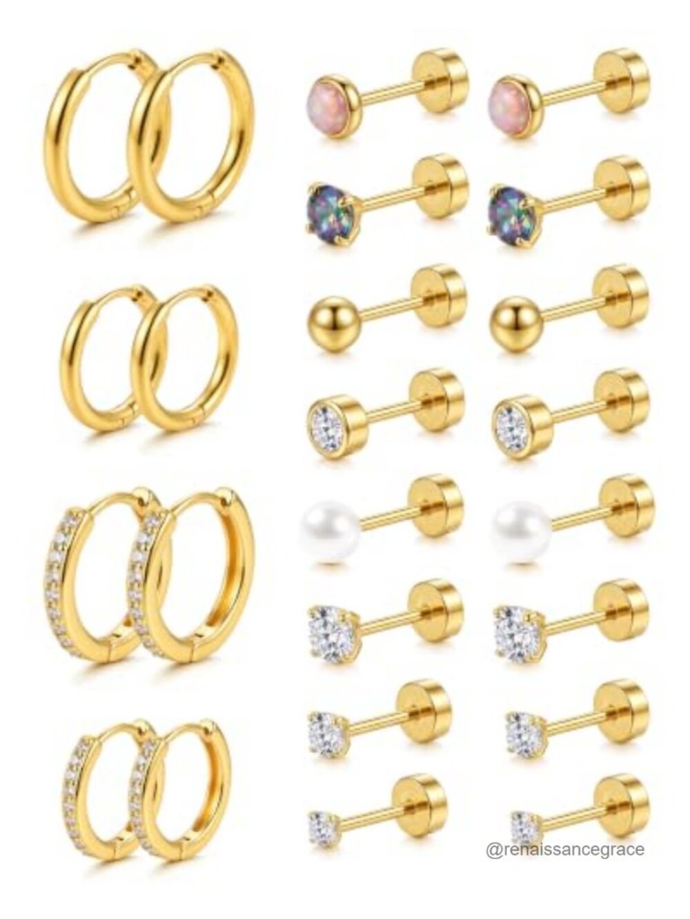 18K Gold Plated Hypoallergenic Earring Stack Set - Surgical Steel Flatback &